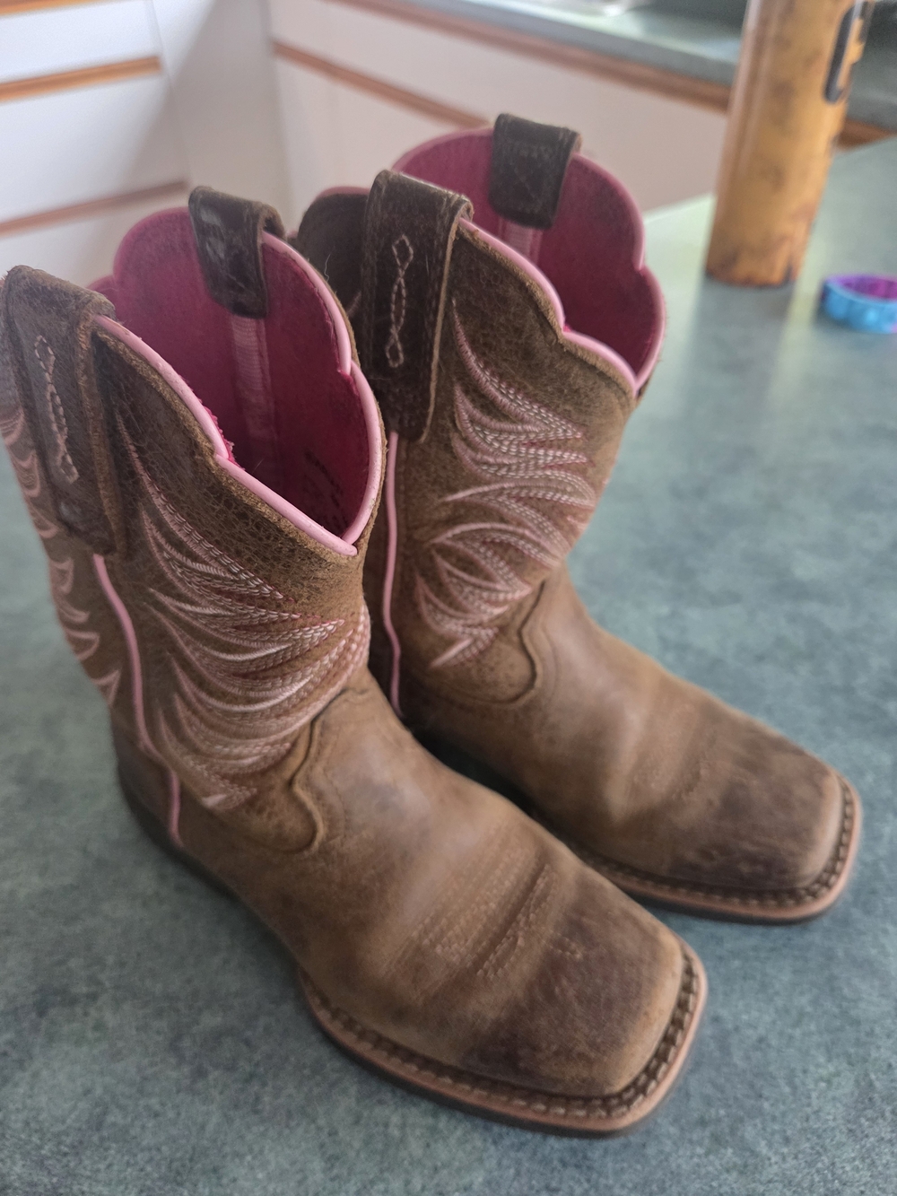 Girls Brown Leather Western Boots with Pink Accents